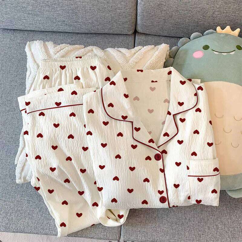 Designer Leisure High Quality Spring and Autumn New Women's Girl Love Cardigan Pamas Crinkled Fabric Loungewear Long Sleeve Set