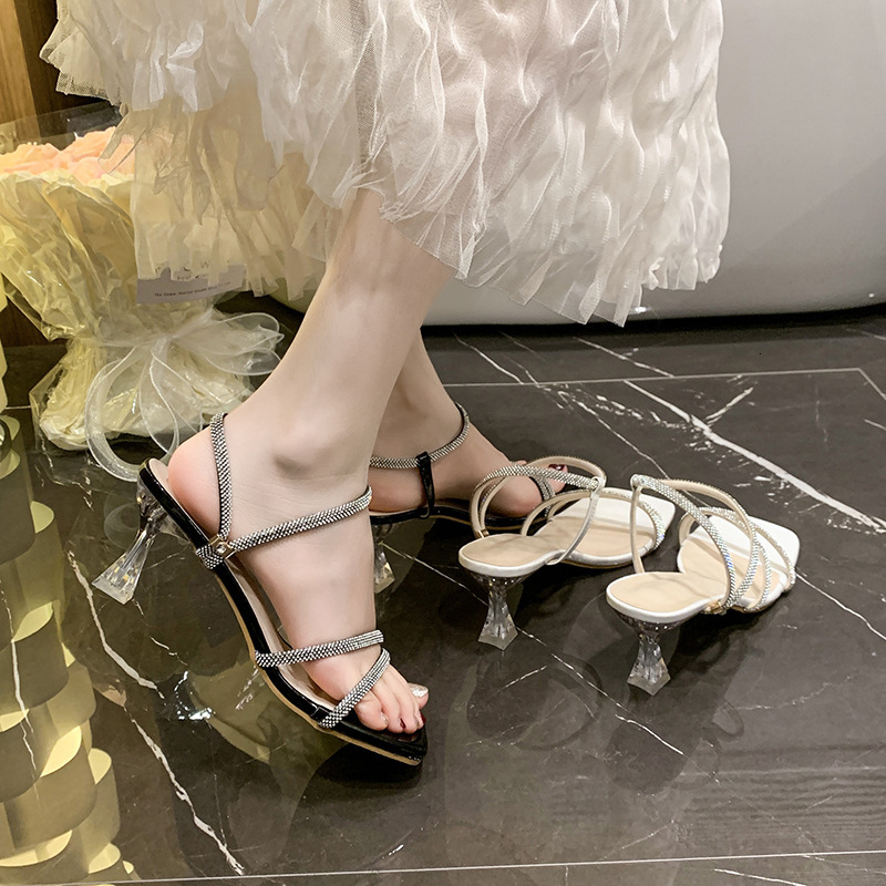 Ddmysports Fengliang Diamond Sandals For Women Summer New French Rhinestone Fashion Chunky Heel Fairy Style High Heels Outdoor Shoes