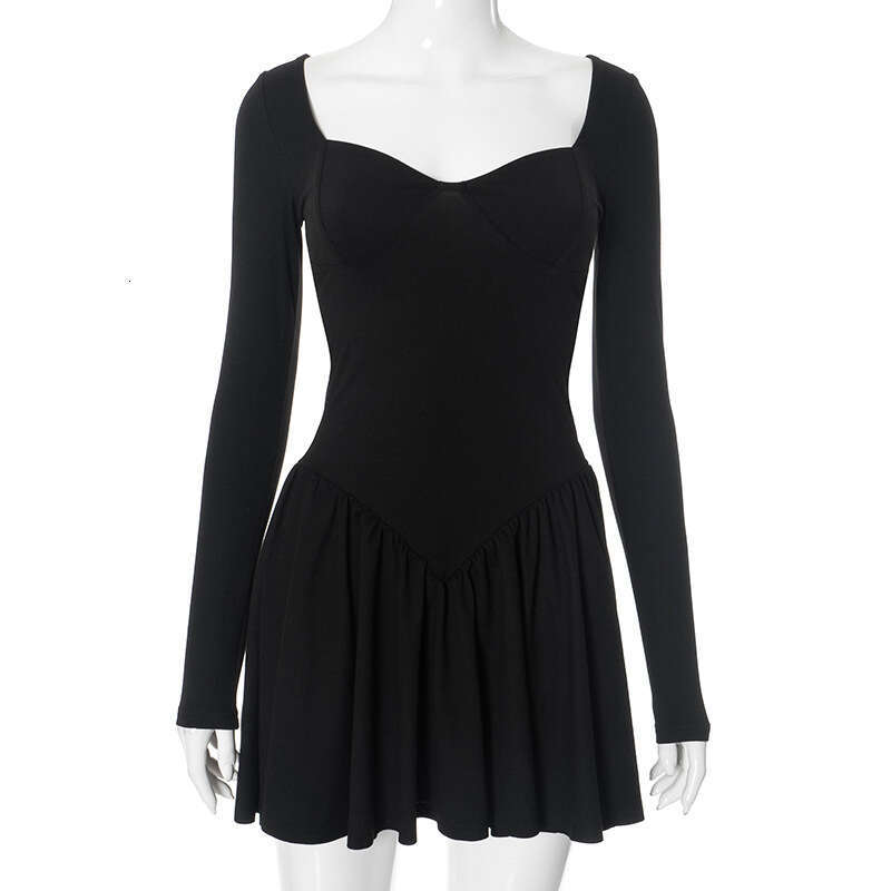 Yds2 Women's Autumn New Solid Color Patchwork Ruched Sexy Long Sleeve Short Dress B5