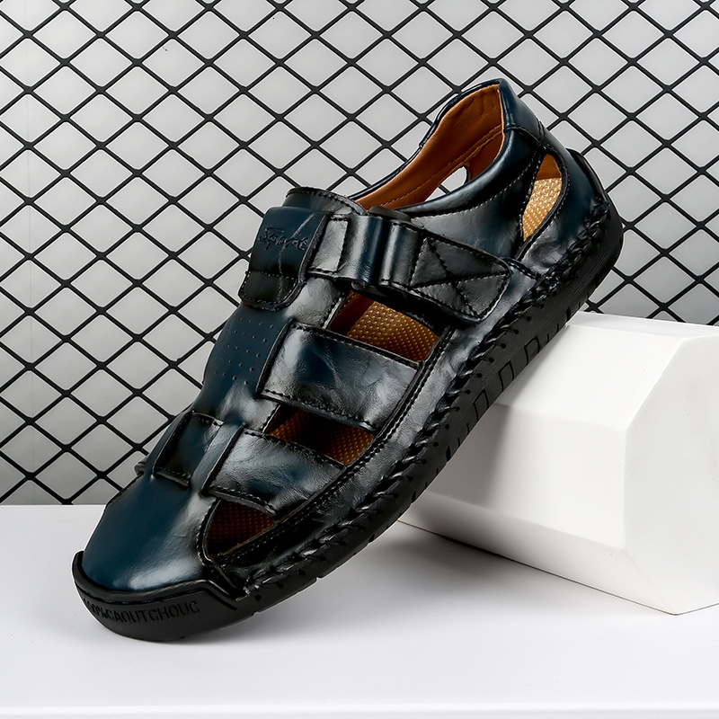 Genuine Leather Cowhide Stitched Slippers for Men 2025 Summer New Outdoor Men's Beach Sandals Trendy