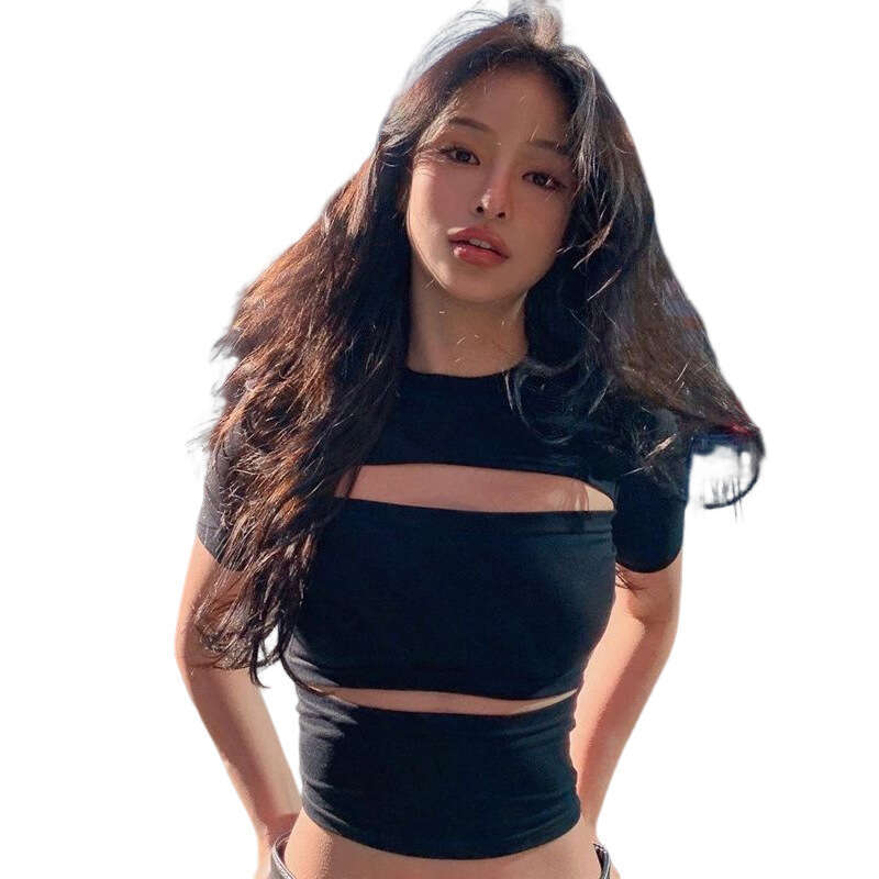 2023 Spring New Women's Solid Color Slim Fit Crop Top Street Fashion Round Neck Short Sleeve T-Shirt 6a1