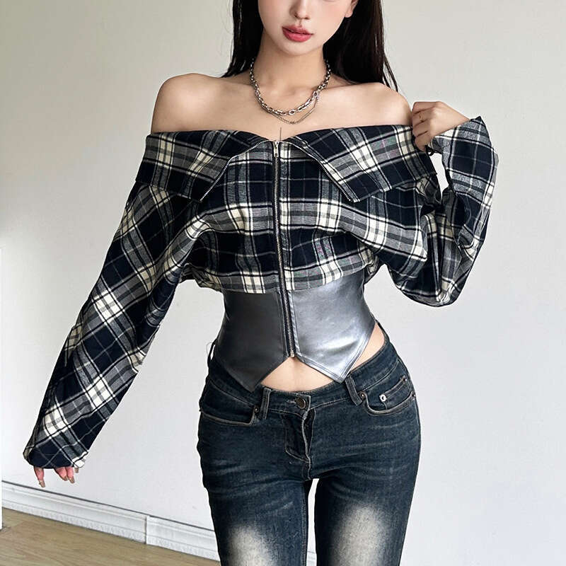 2024 Autumn New Women's Solid Color Slim Street Fashion Off-Shoulder Long Sleeve Zipper Cardigan 4c6