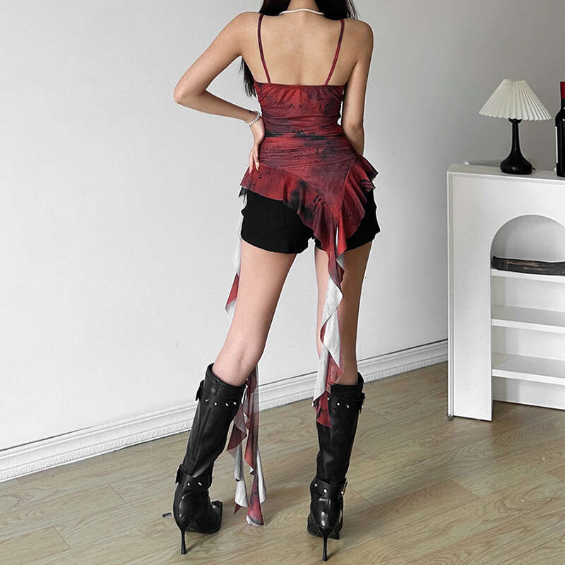 2024 Spring New Women's Solid Color Slim Fit Street Style Fashion Spaghetti Strap Backless Printed Top 39c