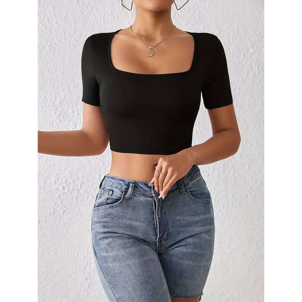 Square Solid Neck Crop T-Shirt, Y2K Sexy Short Sleeve T-Shirt For Women's Clothing Summer