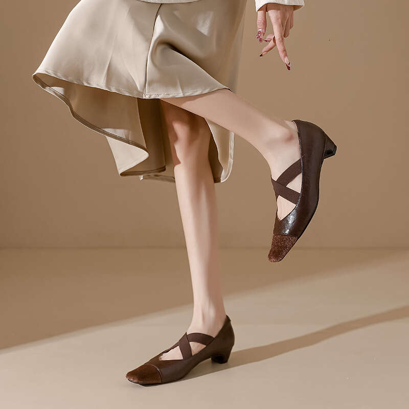 Cowhide Version~French Style Single Shoes Comfortable Sole Non-Tiring Fashionable Horsehair Splicing Top Layer Soft Leather High Heels