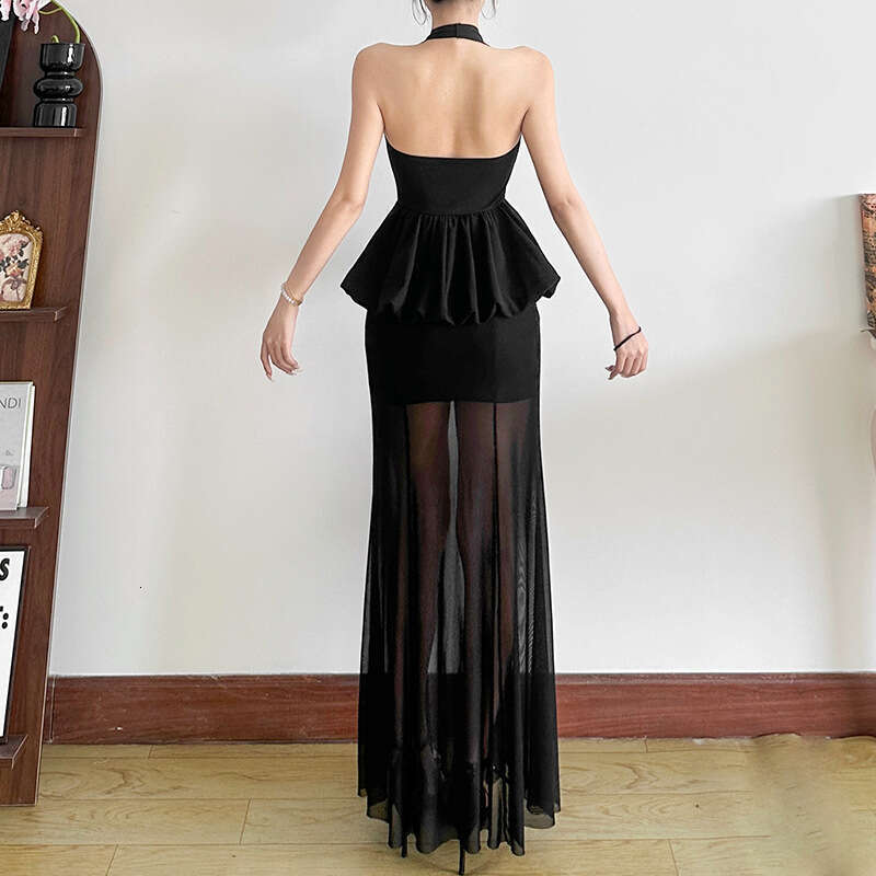 2025 Summer New Women's Solid Color Sexy Halter Neck Backless Waist-Cinching Bodycon Sheer Dress fc9