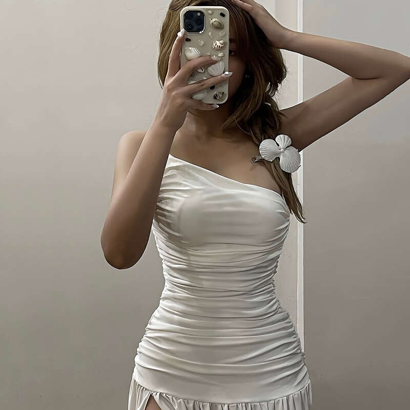 2025 Spring New Women's Solid Color Slim High Waist Fashion Single Shoulder Strap Sleeveless Dress fcd