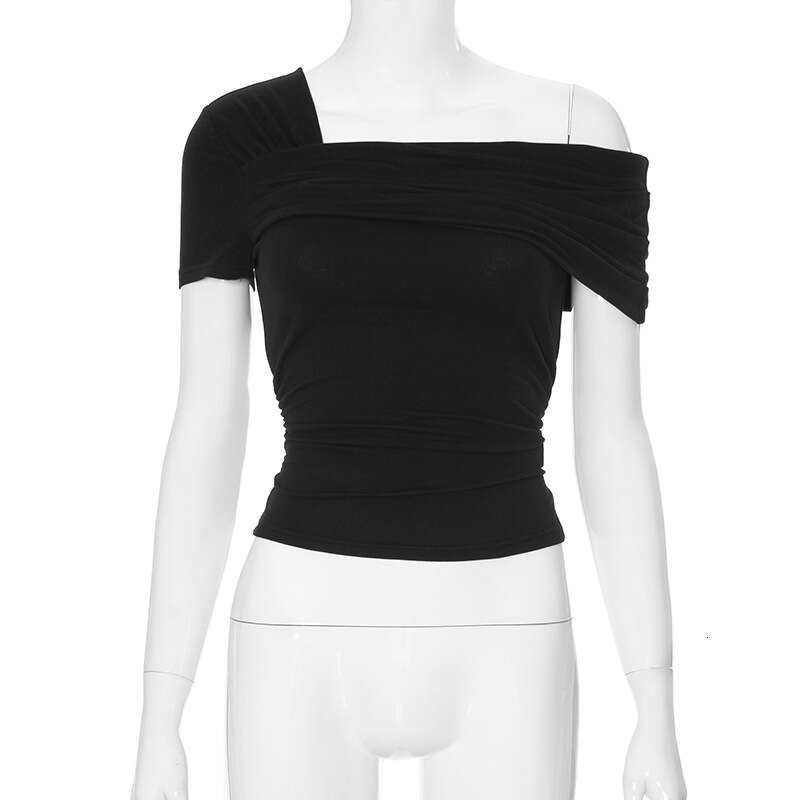 Y23tp706 Women's Autumn New Solid Color One-Shoulder Short Sleeve Backless Ruched Top T-Shirt B5