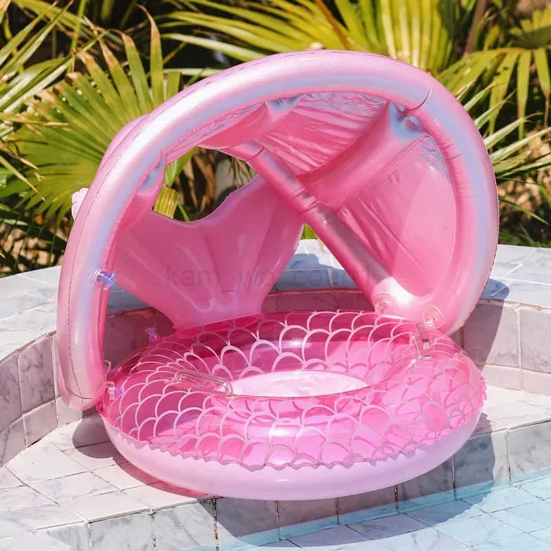 Baby Swimming Circle with Mermaid Tail Outdoor Sunshade with Canopy Inflatable Float Ring Summer Pool Water Toys Equipment M250725