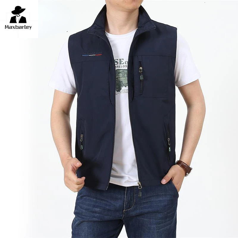 Mens Waistcoat Jackets Outdoor Fishing Vest 2024 Summer Solid Color Stand Collar Climbing Hiking Work Sleeveless With Pocket 250725