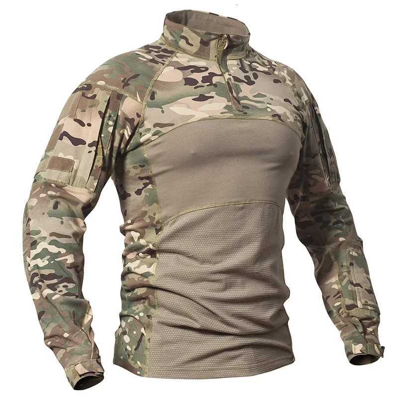 Mens Camouflage Hunting Combat T Shirt Stretch Cotton 1/4 Zipper Uniform Shirts Long Sleeve Camo Shirt Y250724