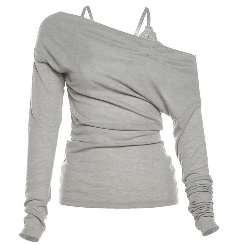 2024 Autumn New Women's Solid Color Slim Street Fashion Asymmetrical Neck Long Sleeve Top Two-Piece Set 5f4