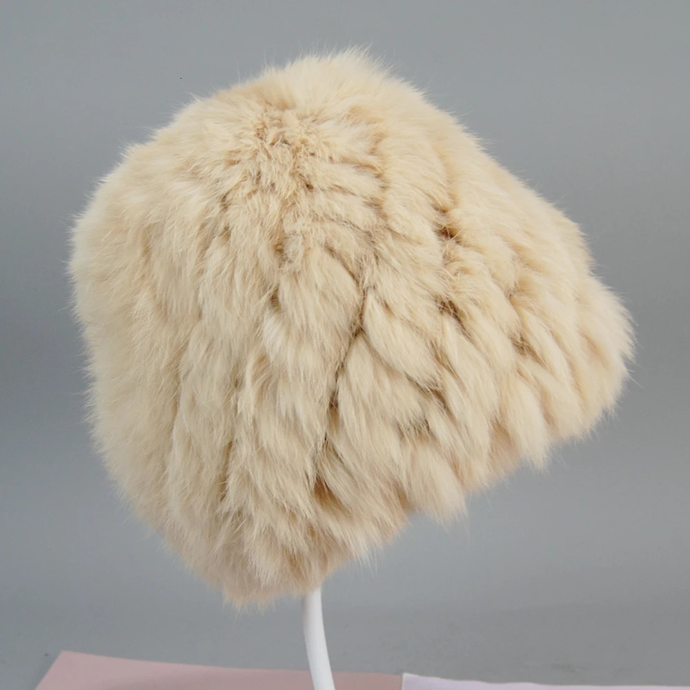 Russian Women Good Elastic Rabbit Fur Skull Cap Lady Winter Warm Knitted Genuine Rabbit Fur Hats Outdoor Fluffy Fur Caps 250724