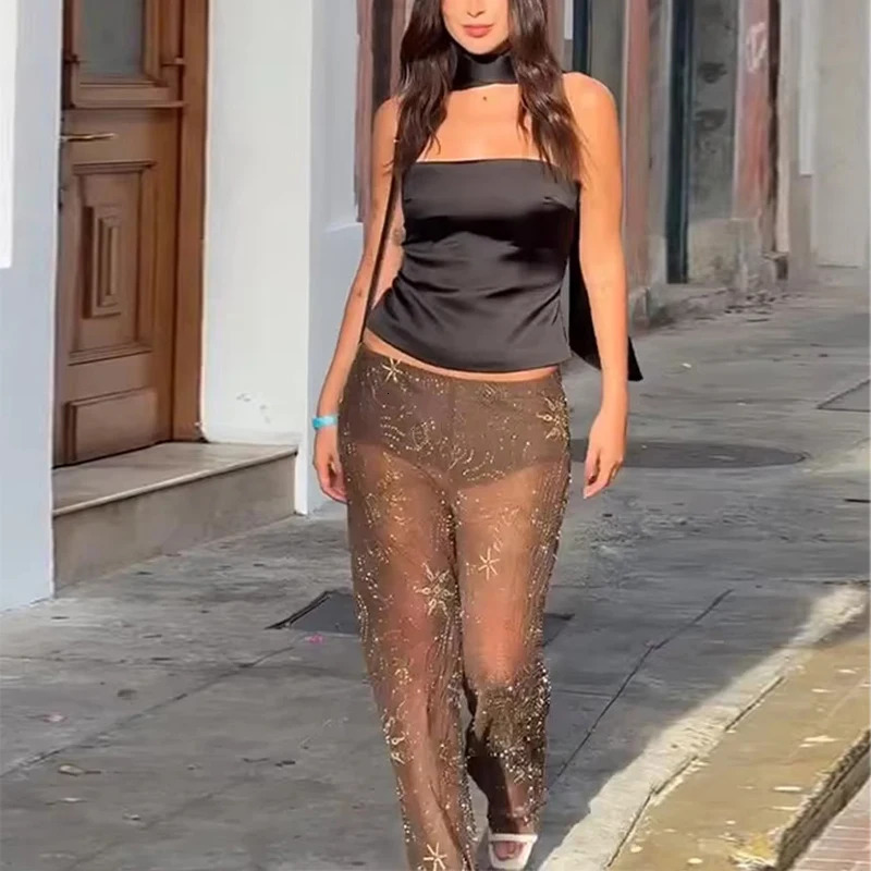 MUJER Sequin Baggy Pants Woman Beads Wide Leg for Women See Through Casual Pant Streetwear Fashion Trousers 250717