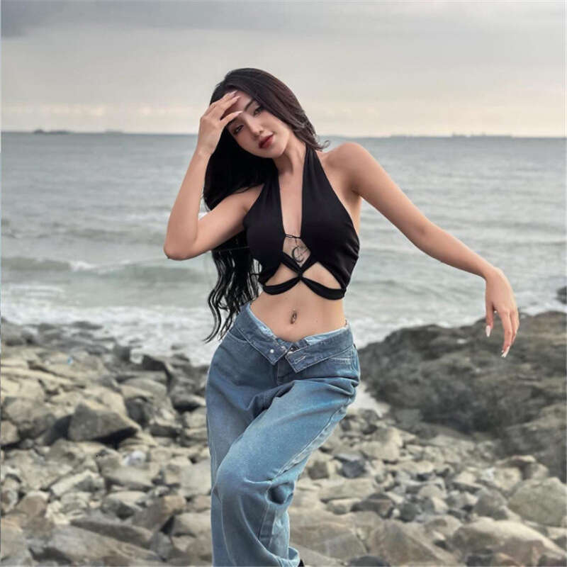 2023 Summer New Women's Solid Color Slim Street Fashion Halter Sexy Backless Tank Top 257