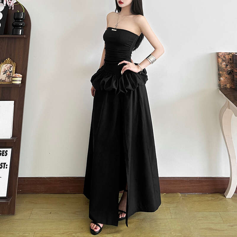 2025 Spring New Women's Solid Color Slim High Waist Fashion Off-Shoulder Split Dress d46
