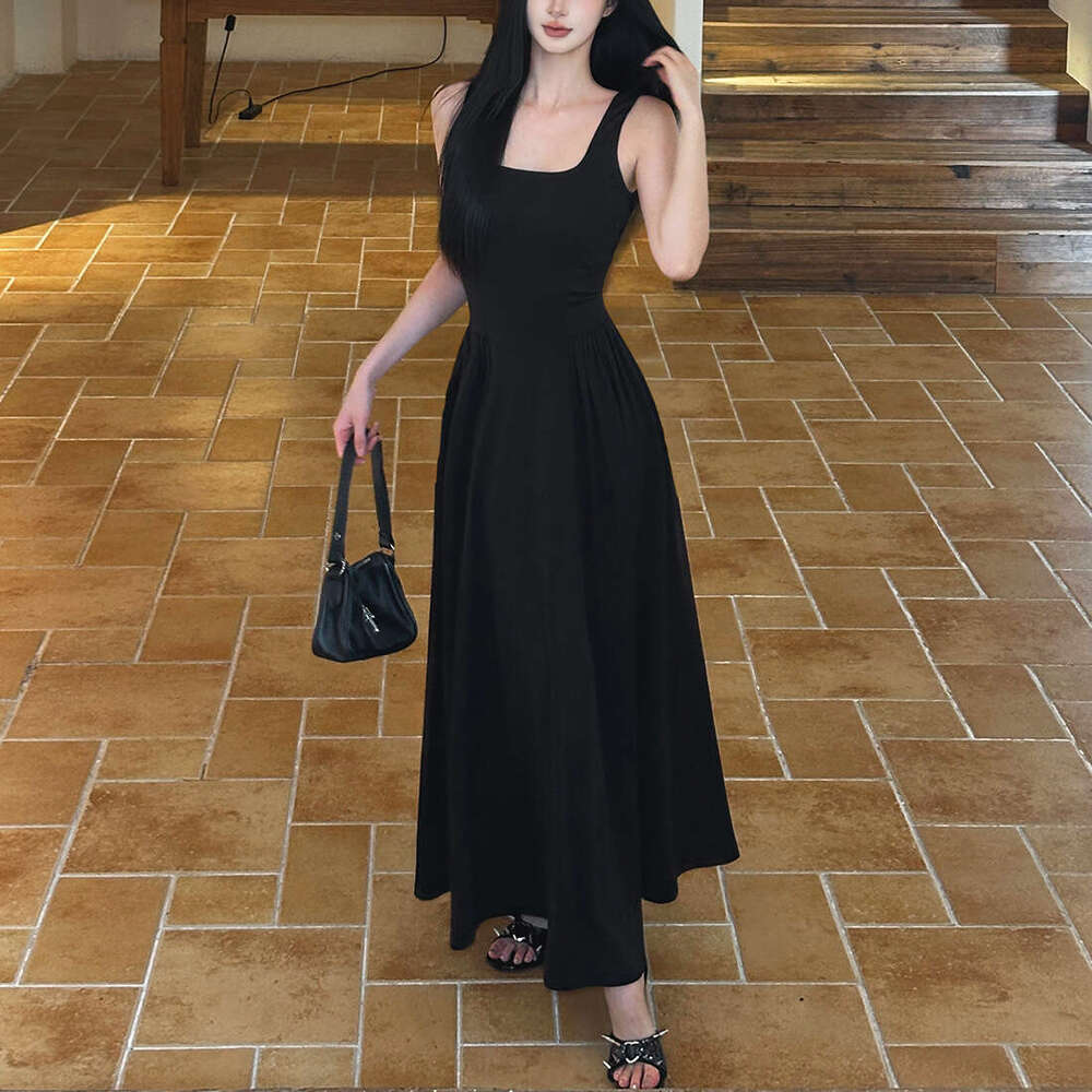 2025 Summer New French Style Elegant Square Neck Waist-Cinching Slim Fit Fashion Casual Sleeveless Long Dress 074