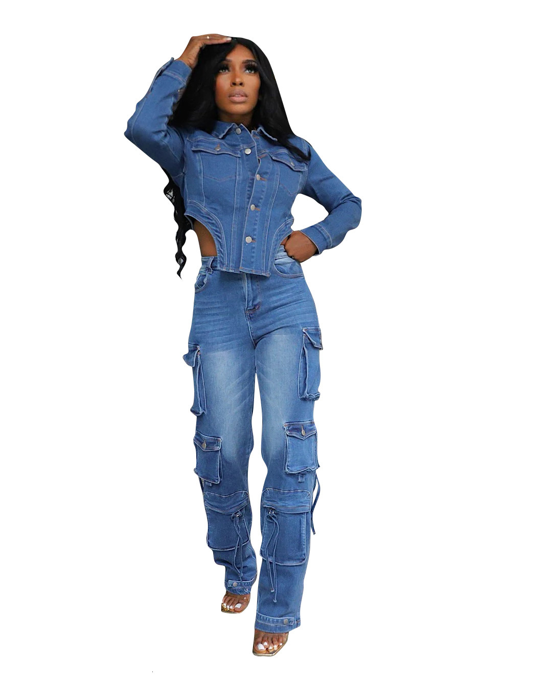TS1318 new womens casual washed denim suit