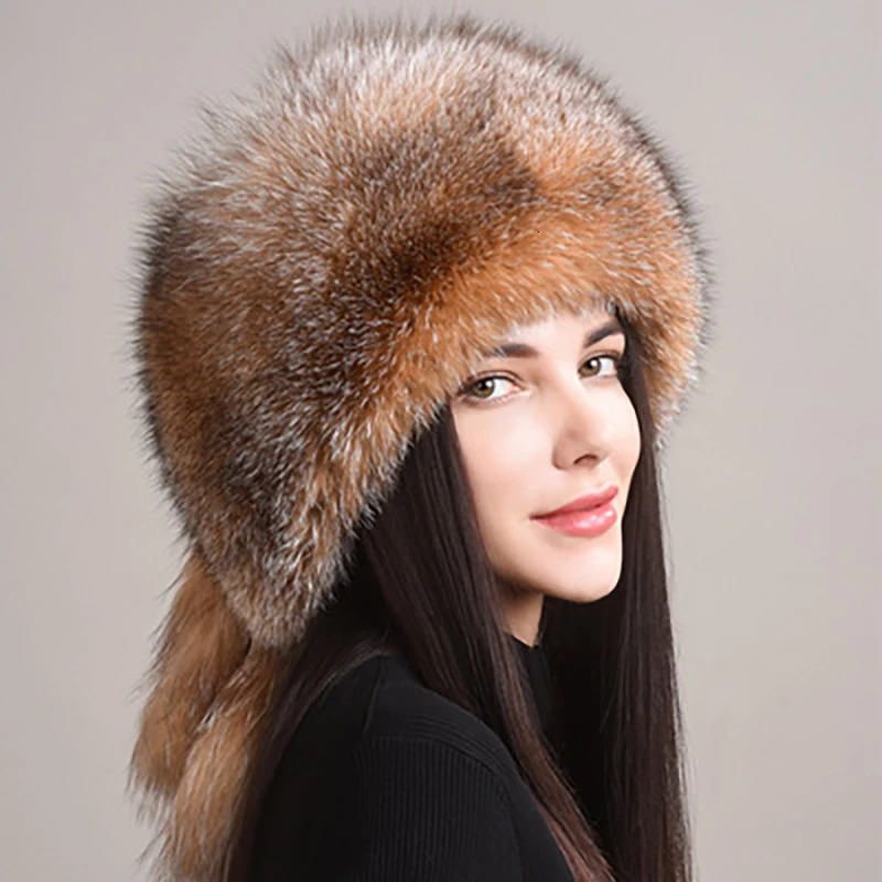 Winter Women Fox Fur Hat Fluffy Soviet Female Outdoor Warm Cap Snow Fur Hats 5 Tails Fox Fur Cold Bomber Hats 250724