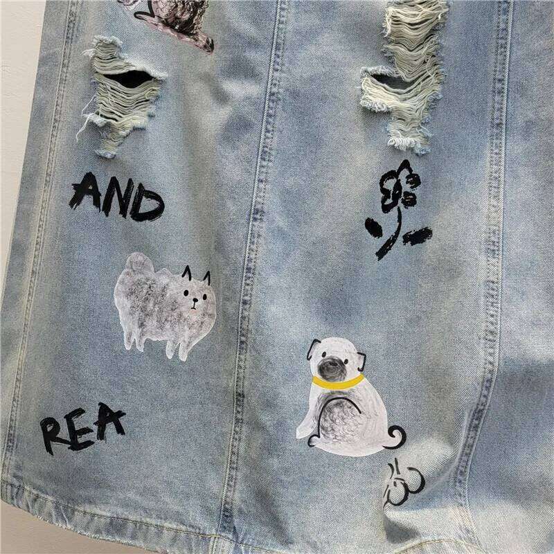 Women's Denim Skirts Cat Dog Printed Broken Holes Split A-Line High Waist Long Skirt Summer 2025 New Fashion 29A1481