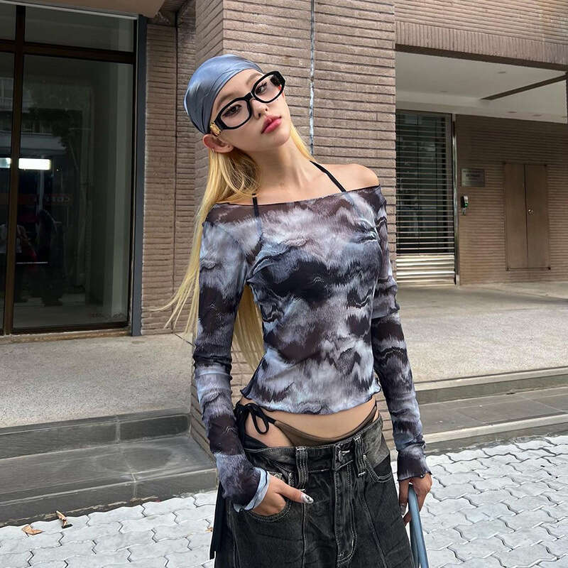 INS Style 2024 Autumn New Women's Solid Color Slim Street Fashion Off-Shoulder Long Sleeve Top ca4