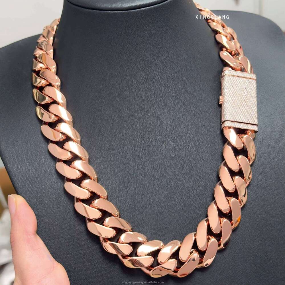 Rose Gold Plated 24mm Wide Miami Solid Sier Men's Silicone Stone Lock Cuban Chain Necklace Jewelry