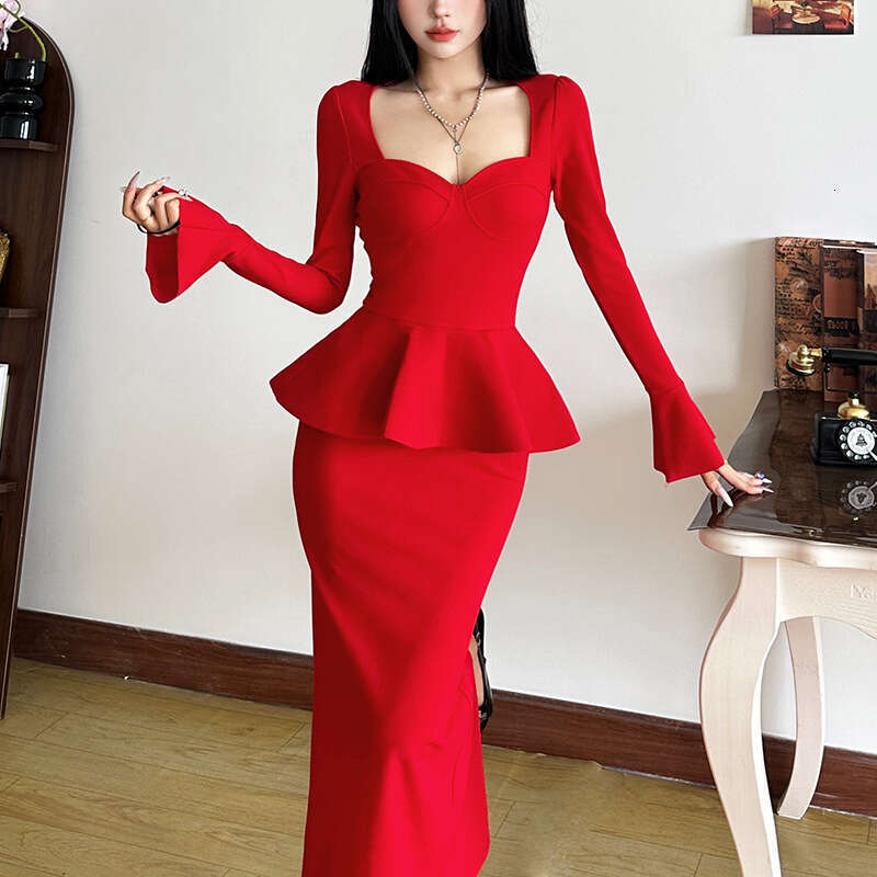 2024 Autumn New Women's Solid Color Slim Street Fashion Square Neck Long Sleeve Split Dress 132