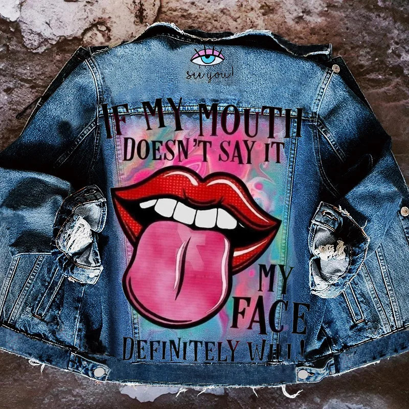 Womens Autumn Selling Street INS Net Red With The Same PLayful Tongue Out Print Pattern Lapel Denim Jacket 250724