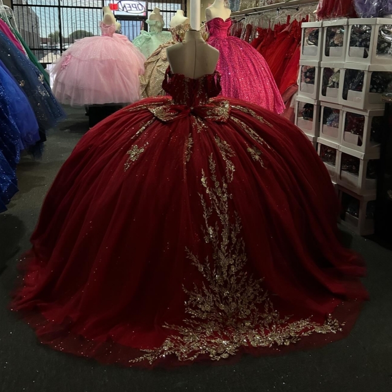 Red Shiny Quinceanera Dresses Ball Gown Off The Shoulder Gold Applique Lace Beads Tull Corset Party Birthday Sweet 16 Dress Vestidos 15 Anos