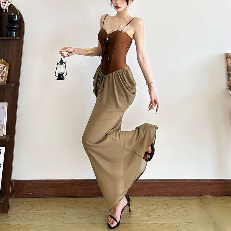 2025 Women's Independent Column Summer New Street Fashion Sexy Strap Spliced Long Dress e6c