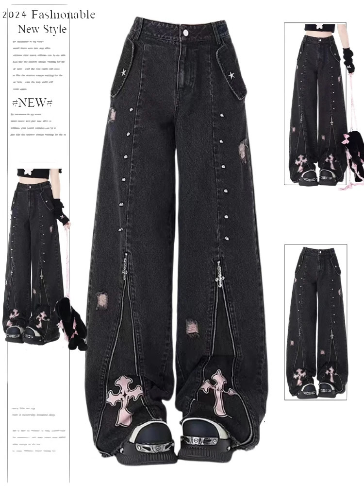 Women Clothing Black Gothic Jeans 90s Aesthetic Y2k Oversize Denim Trousers Vintage Harajuku Korean Emo 2000s Trashy Jean Pants 250717