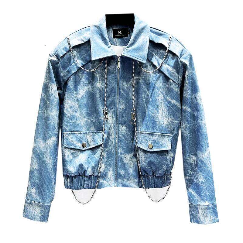 2025 Autumn Winter New Male Chain Design Shoulder Padded Short Two-Piece Men's Trendy Loose Denim Jacket Trousers Set