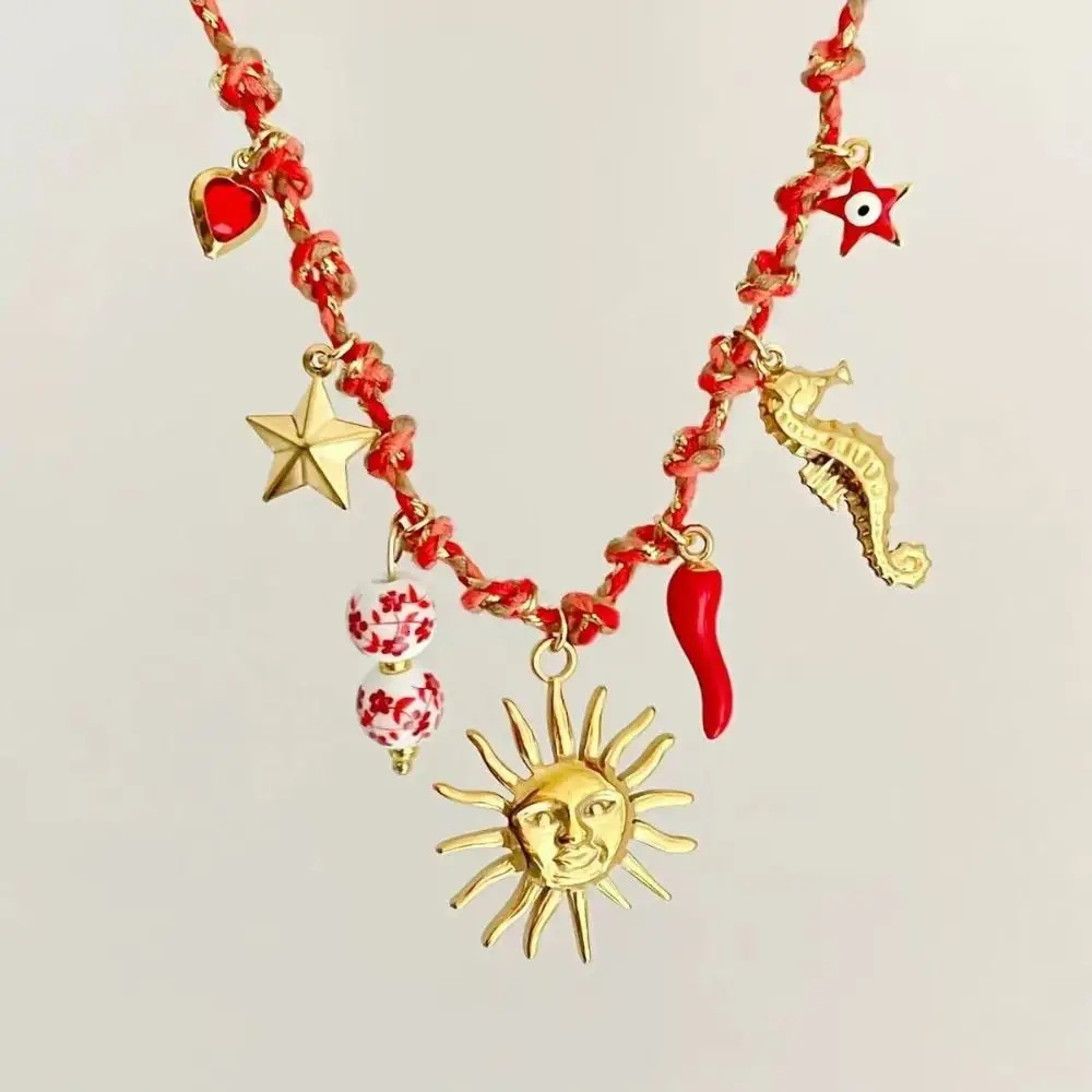 Fashion Copper DIY Knotting Rope Chain Colorful Pearl Accent Turtle Pendant Necklace Dopamine Style Beach Summer 250716