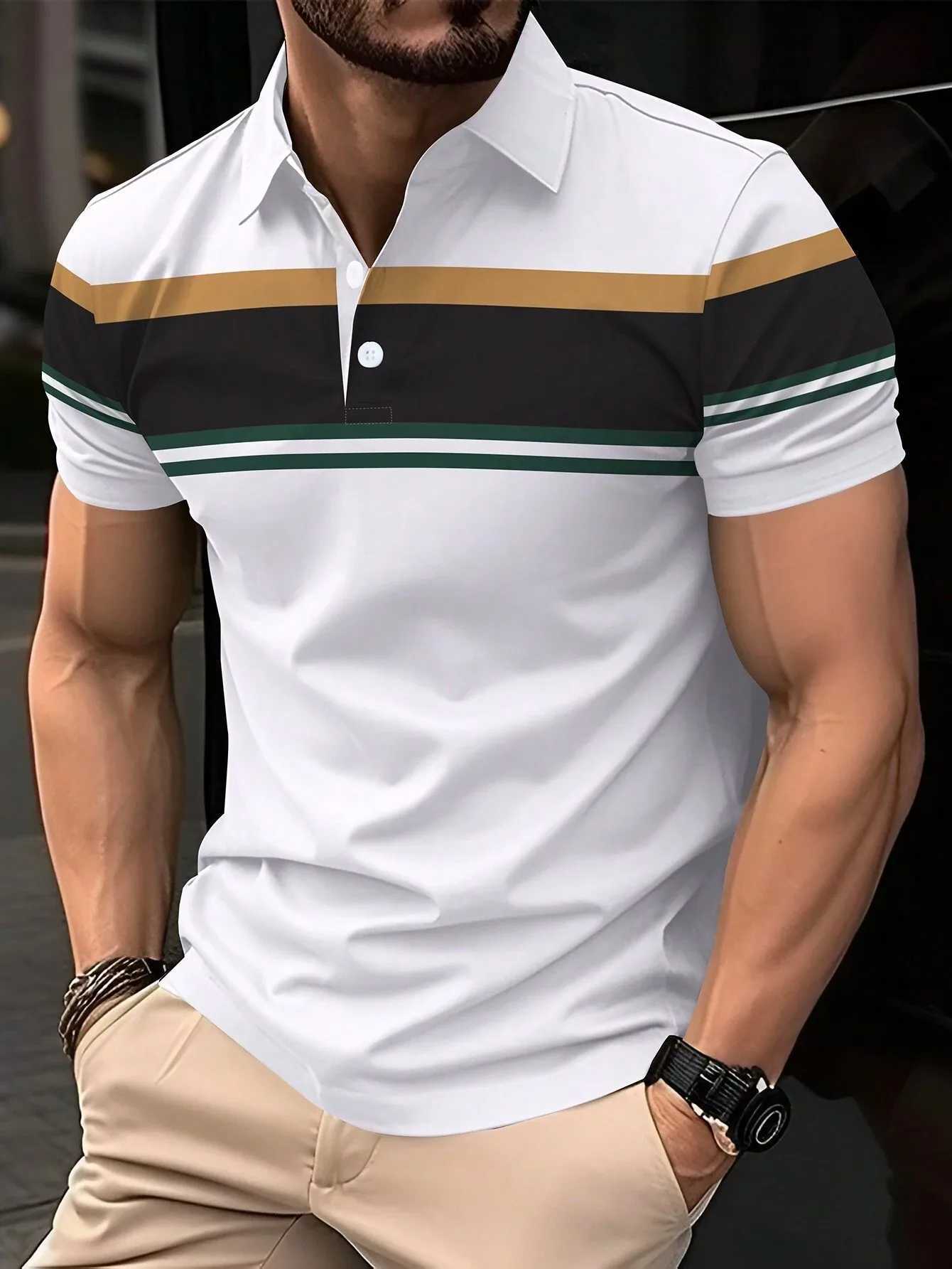 Mens Polo Shirt Button Collar Short Sleeve Pullover Summer Casual Sports Solid Color Striped Lapel Trend Mens T-Shirt Tops XJ250725