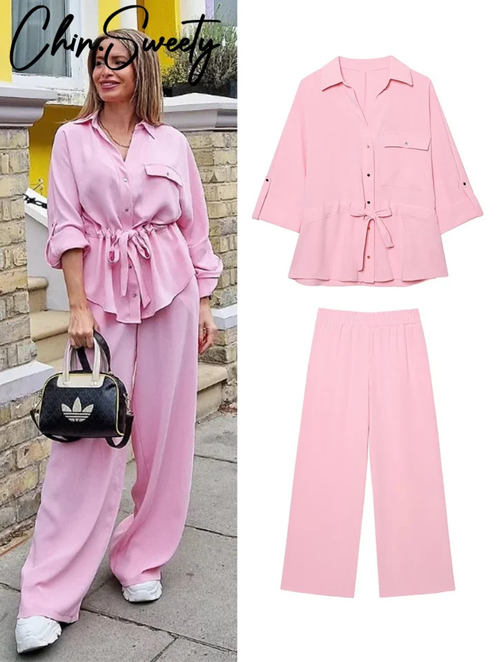 Summer Womens Outfit Casual Solid Shirt Pants Set Long Sleeve Lapel Single Breasted Wide Leg Drawstring Trouser 250723