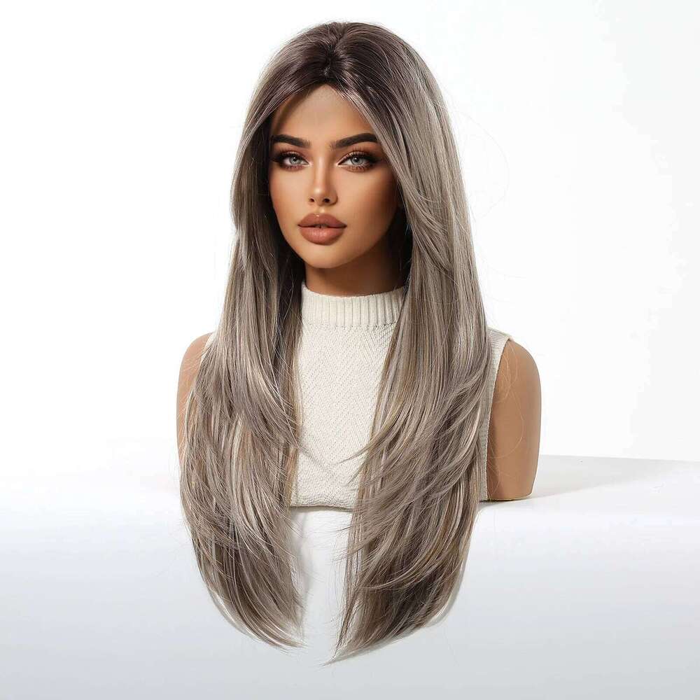 Allbell Magique Ombre Blonde Natural Synthetic For Women Daily Party Long Straight Layered Brown Hair Wigs Heat Resistant