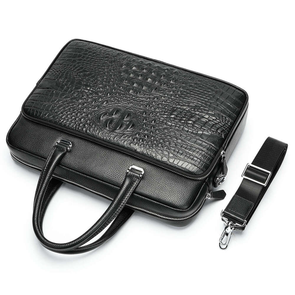 Hot Selling Simple Business Phone and Laptop Bag Genuine Leather Men's Crocodile Pattern Travel Commuter Briefcase