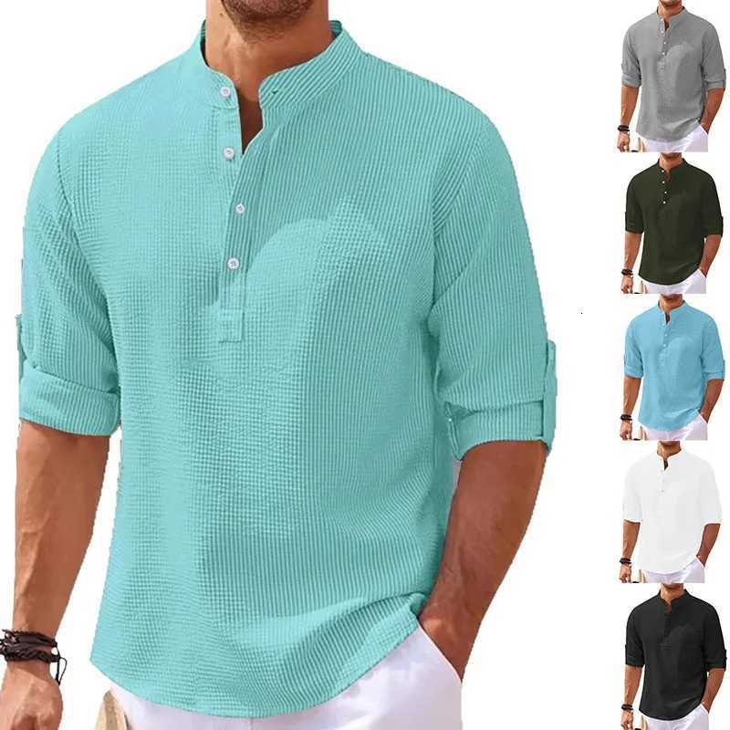 Summer Mens Medium Sleeve Polo Shirt Waffle Casual Loose Stand-Up Collar Button Polo Suit Mens XJ250725