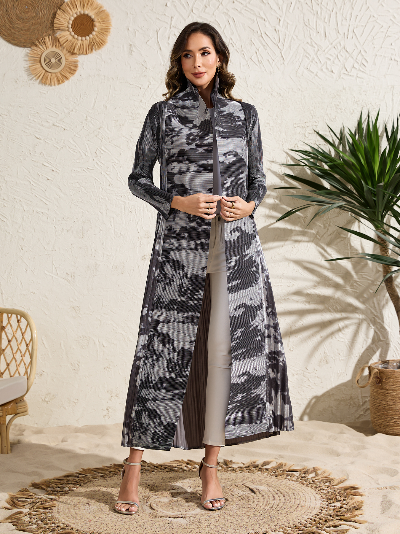 Long robe coat Ethnic Clothing The Middle Eastern printed pleated robe coat is elegant in Arab style NZ020