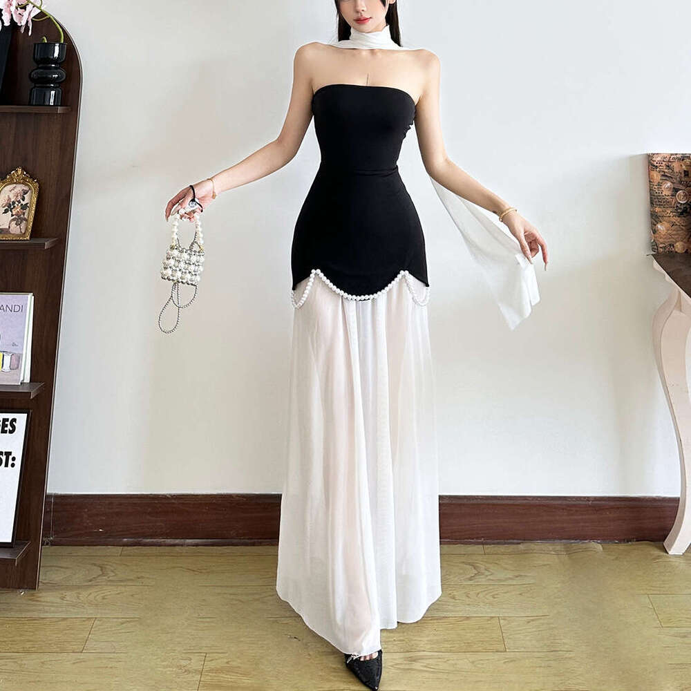 2025 Summer New Solid Color Patchwork Fashion Casual Trendy Elegant Slim Fit Strapless Long Dress e64