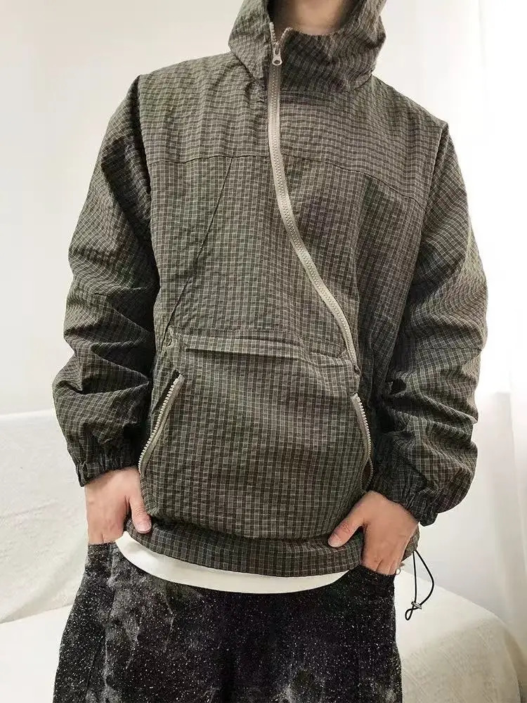 Autumn Plaid Oblique Placket Hooded Jacket Men Streetwear Korean Fashion Loose Outdoor Cargo Cityboy Coat Outerwear 250717