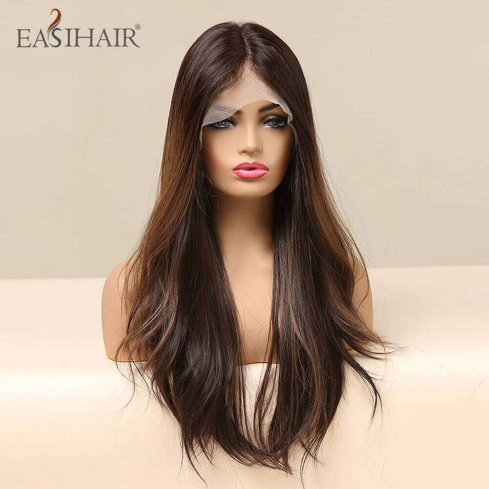 EASIHAIR Front Hair Brown Long Straight Synthetic Lace Wigs for Black Women Daily Cosplay Party Heat Resistant Fibers