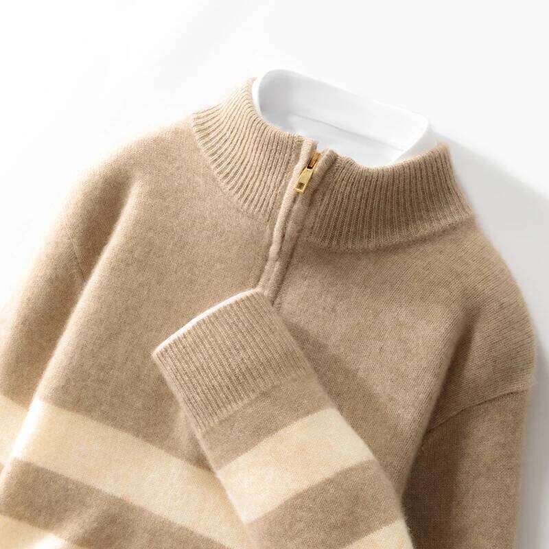 Men's 100% Merino Wool Sweater Half-High Collar Half Zip Thick Pullover Autumn Winter Cashmere Stripe Knitwear Long Sleeved Tops