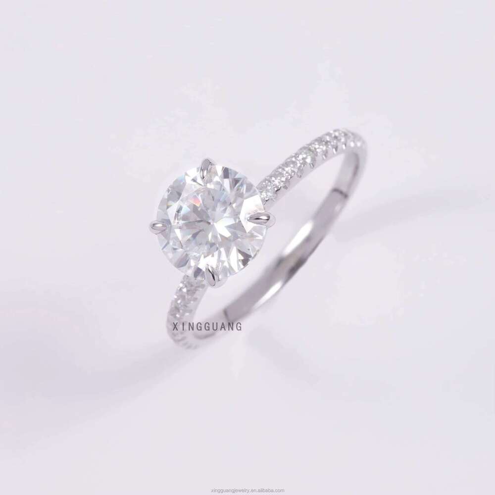 Fine Jewelry White Solid Gold Prongs 2CT Excellent Round Dia with Pave Band Moissanite Rings for Women Wedding