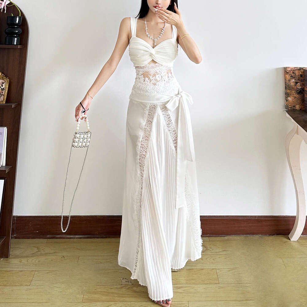 2025 Summer New Trend Lace Sleeveless Top High Waist Slim Fit Elegant Bodycon Long Skirt Set 10b