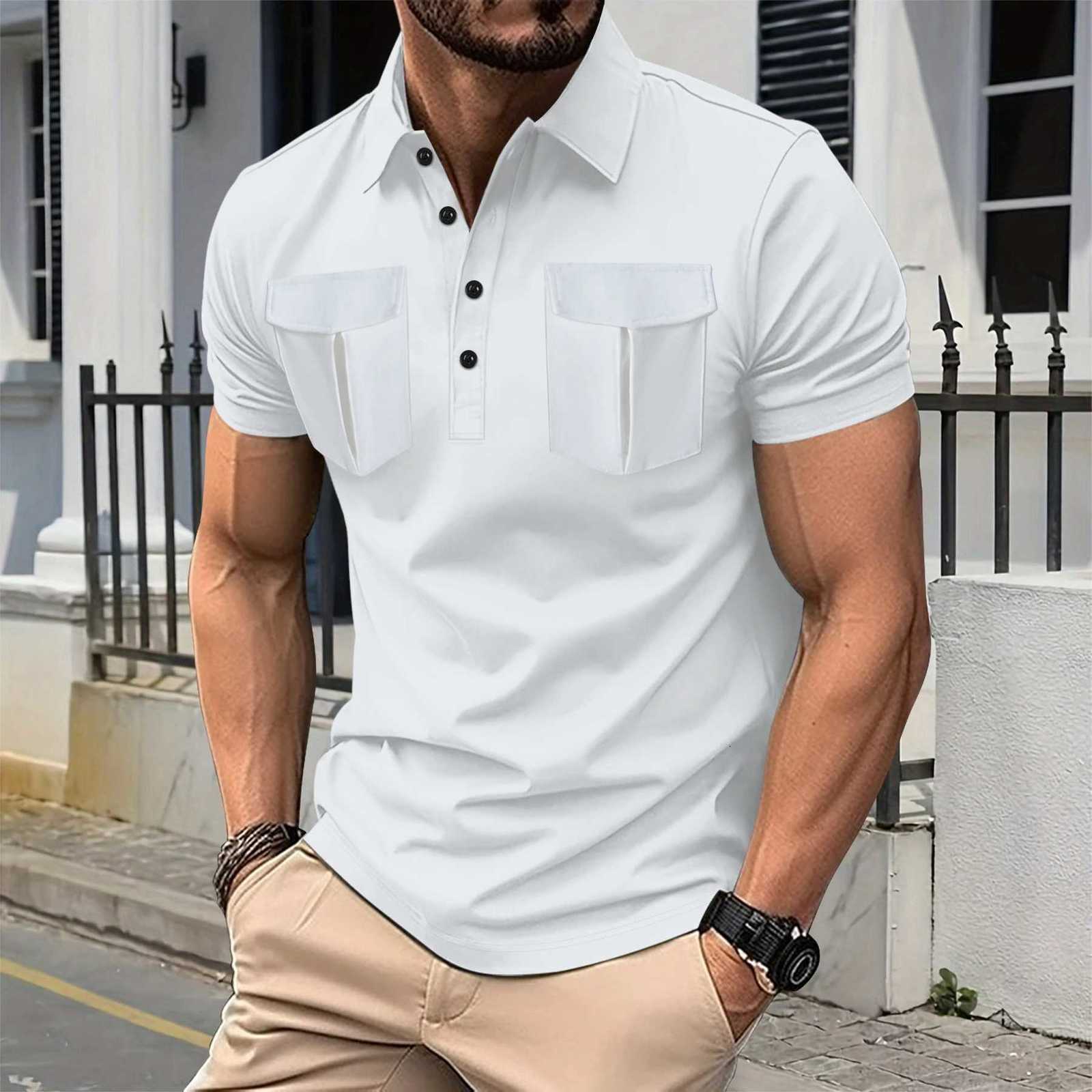 2025 Mens Simple Summer New Long Front Button Lapel Double Pockets Solid Color Short-Sleeved High-Grade Casual Polo Shirt XJ250725