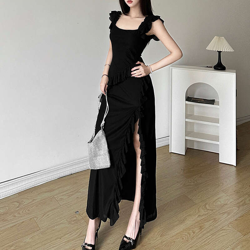 2023 Autumn Winter New Sexy Fashion Backless Strap Mid-Length Slit Dress 933