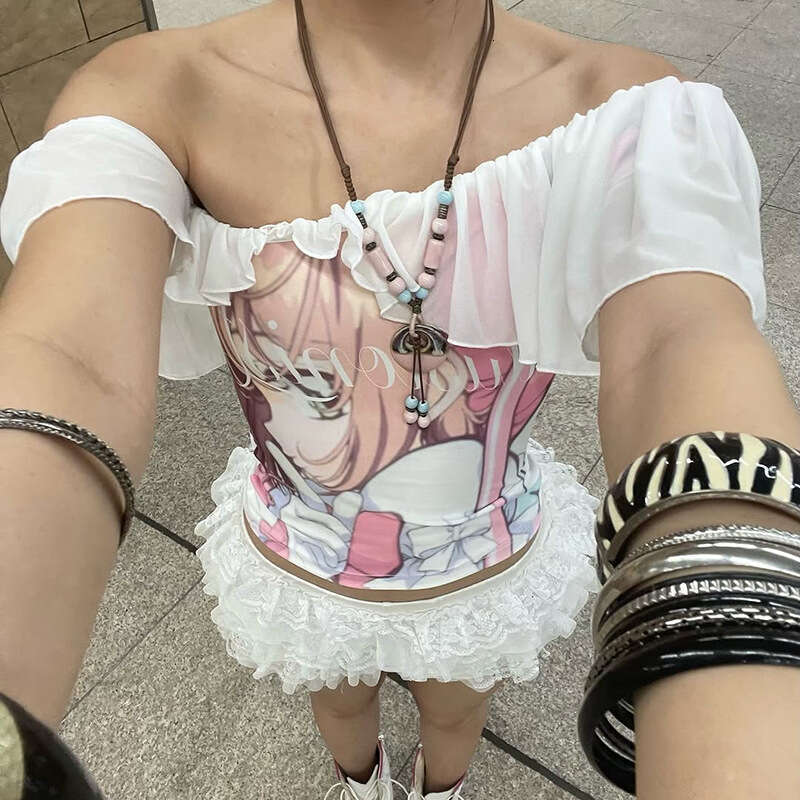 2025 Summer New Fashion Sexy Asymmetrical Neck Cartoon Print Slim Fit Women's Top 7e8