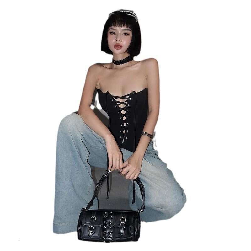 2023 Autumn Winter New Women's Solid Color Slim Street Fashion Off-Shoulder Sleeveless Tie Top 41c