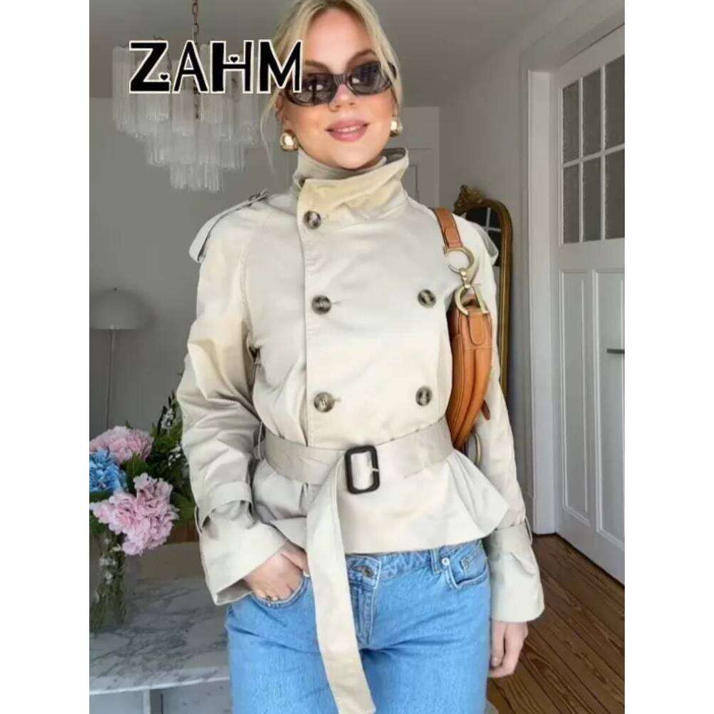 Fashion Women's Short Belt Jackets Long Sleeve Stand Collar Double Breasted Female Coat 2025 Autumn Lady Solid Outwear